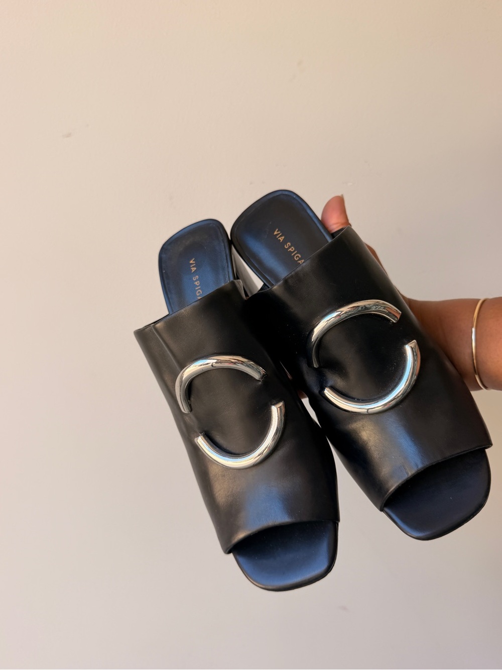 Via Spiga Black Leather Slide Mules with Silver Crescent Hardware